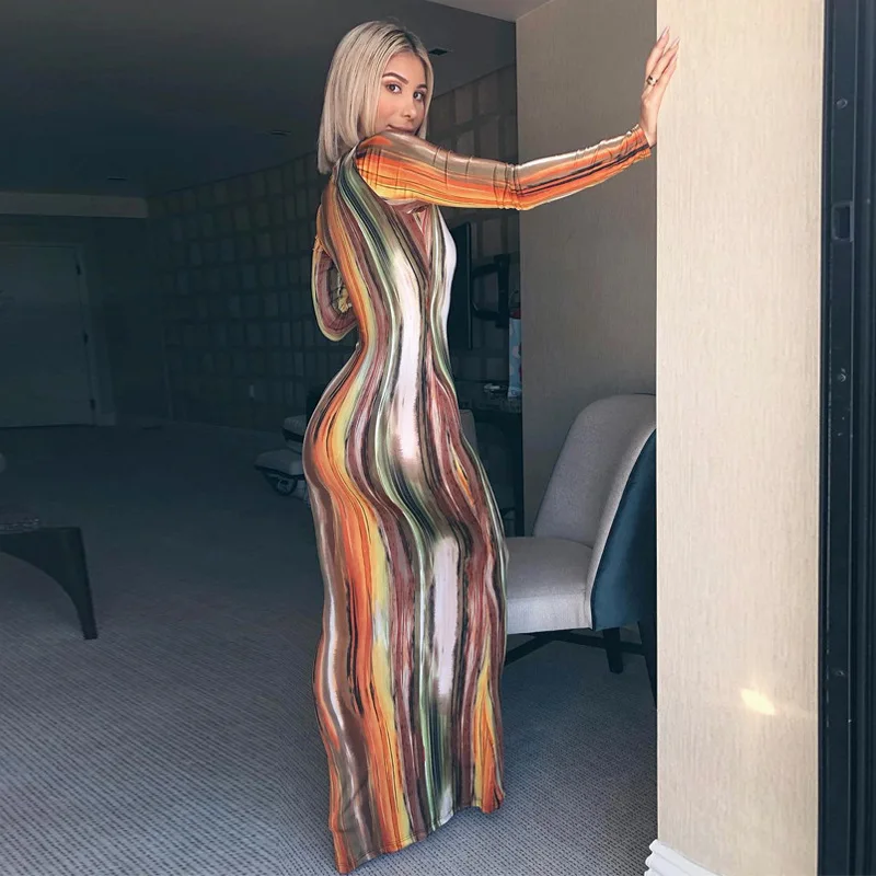

2021 long sleeve printed bodycon clubwear Maxi dress v neck d 1688 com dresses bohemian dress, Customized color