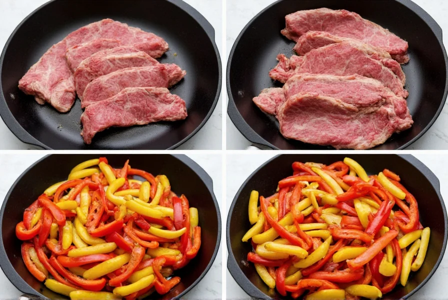 Step-by-step preparation of sliced flank steak with colorful bell peppers in a wok