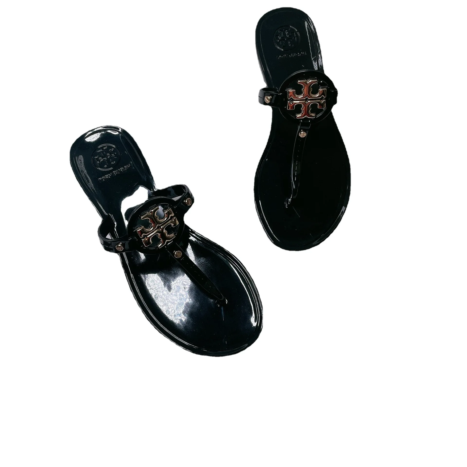 

2022 summer new style PVC metal buckle flat bottom flip flops T-band white beach crystal jelly ladies sandals, Picture