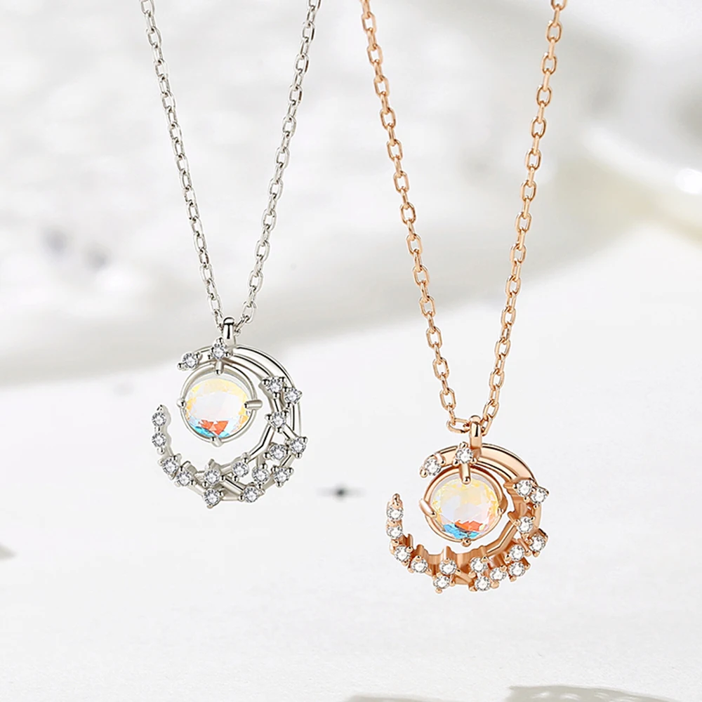 

Silver Jewelry Women Accessories Luxury Fashion Romantic Opal Zircon 925 Sterling Silver Moon and Sun Pendant Clavicle Necklace, Rose gold/ white gold