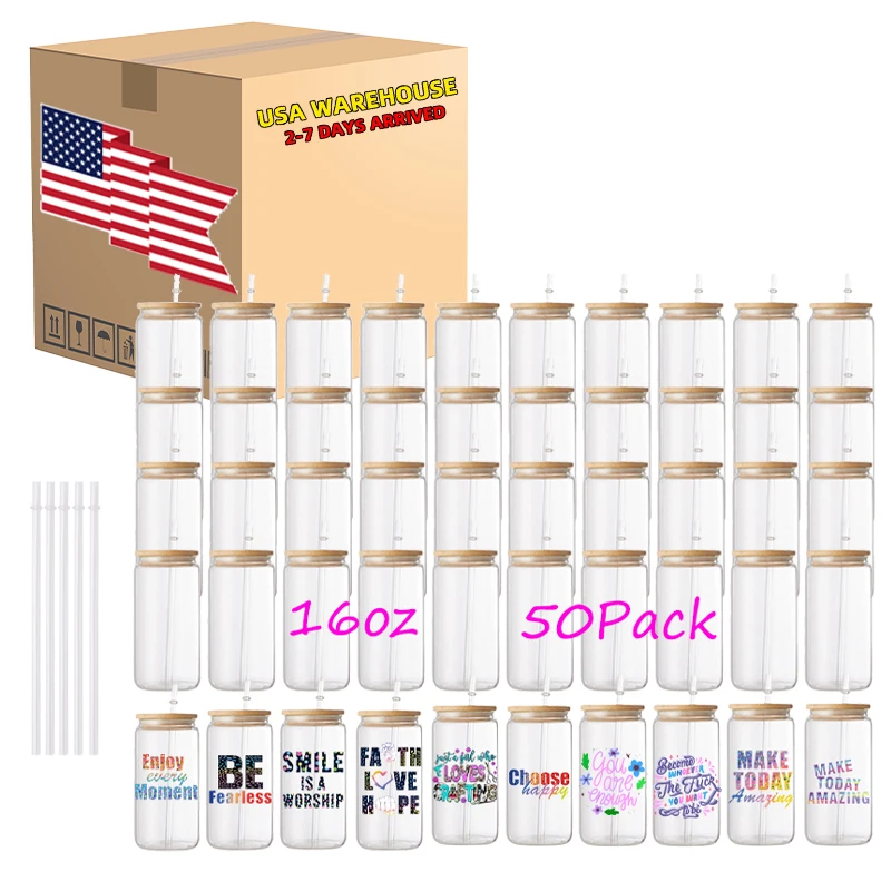 USA Warehouse 16oz Clear Frosted Glass Tumbler Cups Sublimation Blank Soda Beer Can Shaped Drinkware with Bamboo Lid Straw
