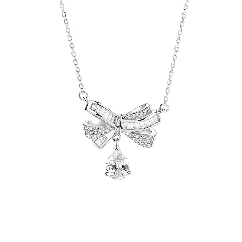 

International S925 Silver Standard Jewelry Fashion Women 925 Sterling Silver Bow Zircon Necklace 4.5 G, White