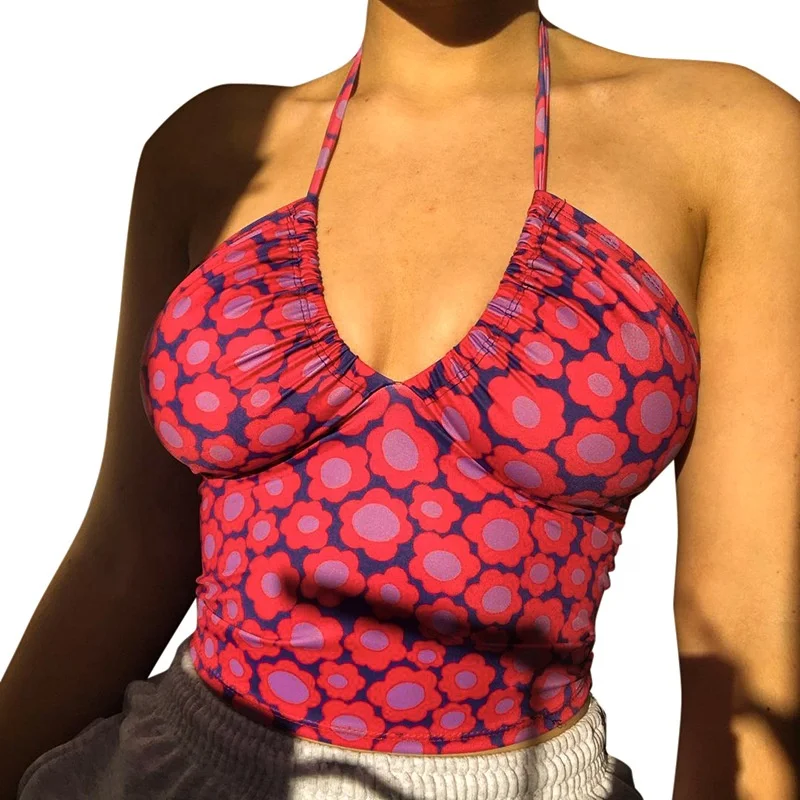 

MT170-292 Wholesale women's summer 2021 new clash color print neck tie and pleated T-shirt top with bare back ladies blouses