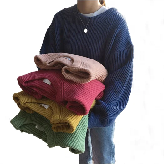 

13 colors casual and fashion long-sleeved knitted sweater women's warm O-neck pullover loose and plus size sweater for ladies, 13 colors as shown