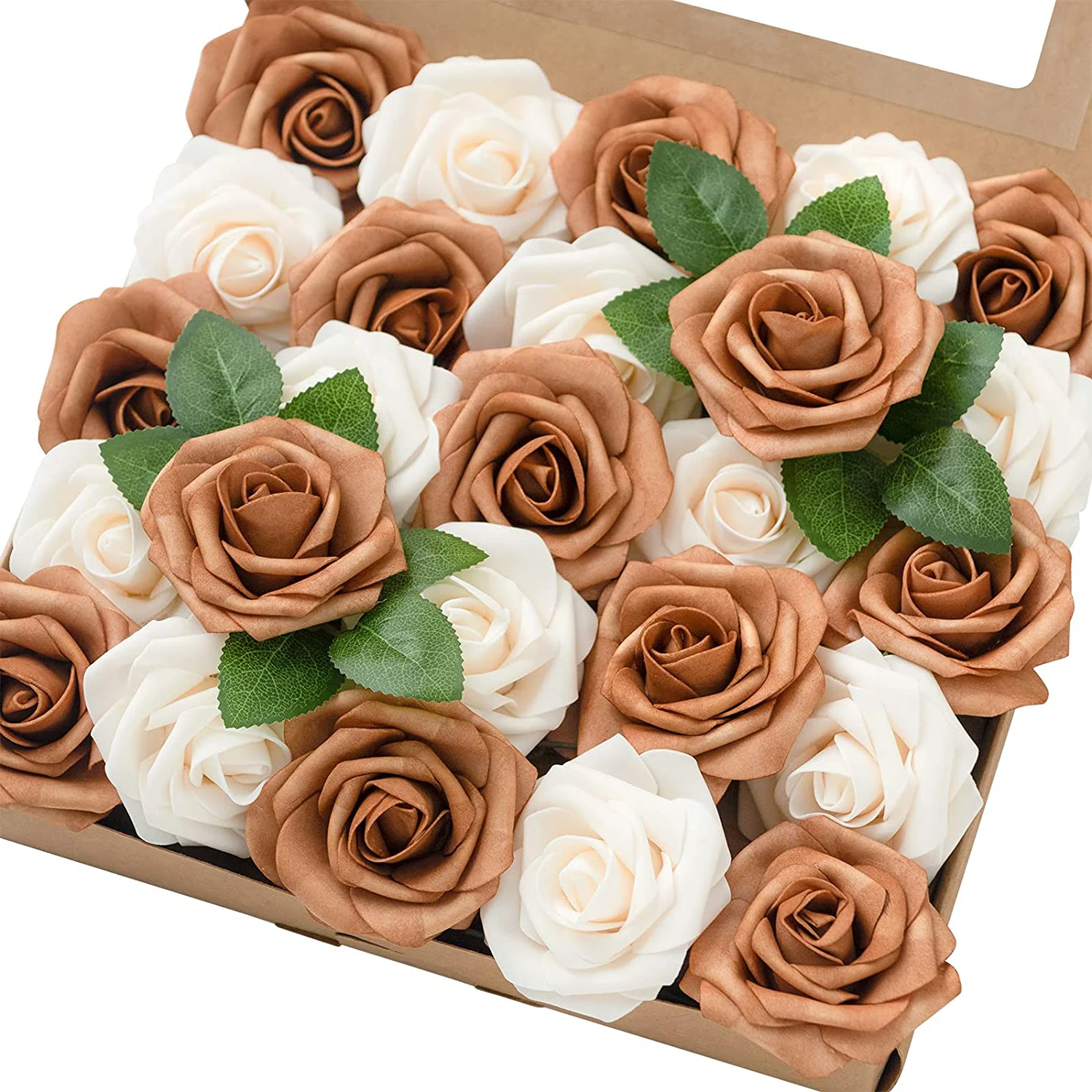 

Artificial Flowers Roses Golden & Cream 25PCS Real Looking Flower Box Set with Stem Wedding Bouquets Party Decorations