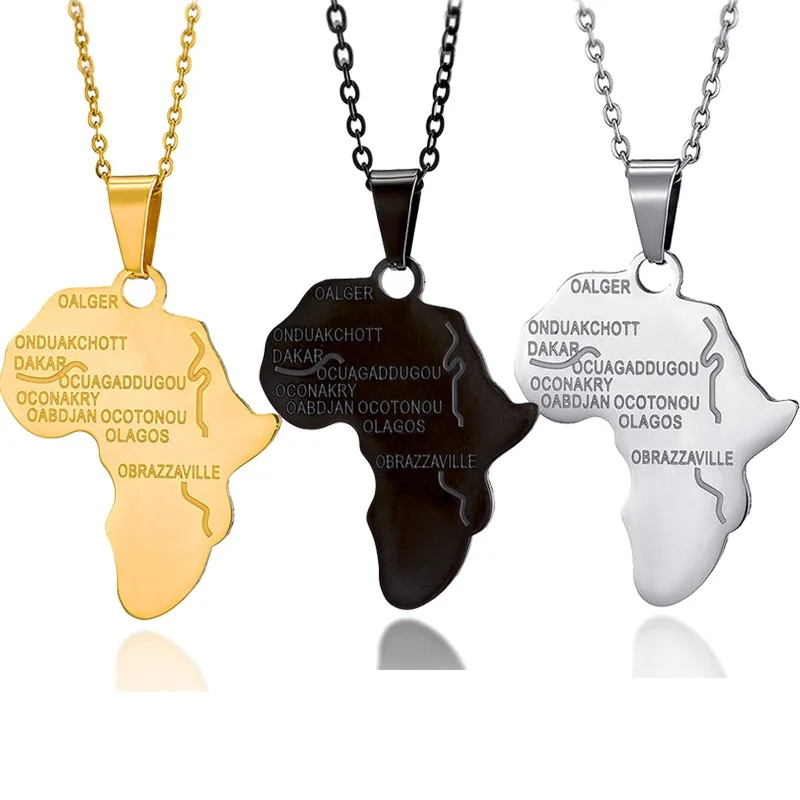 

Fashion Ethnic Real Gold Plated Stainless Steel Engraved Word Africa Map Necklace Stainless Steel Africa Map Necklace