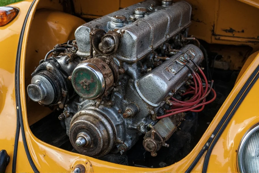 Vintage Volkswagen Beetle engine with peppered cast iron components showing characteristic speckled appearance