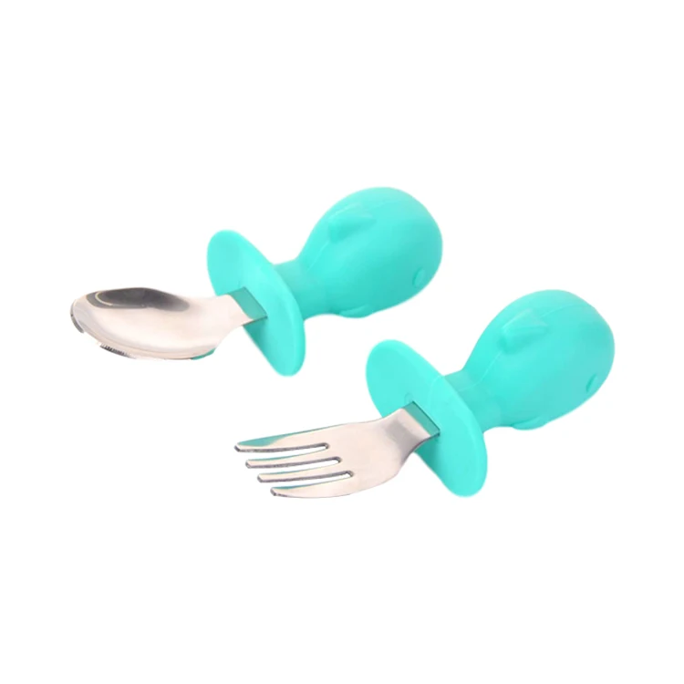 

2PCS Set Food Grade Colorful OEM Logo Silicone Handle Stainless Steel Toddler Feeding Training Fork Spoon Set