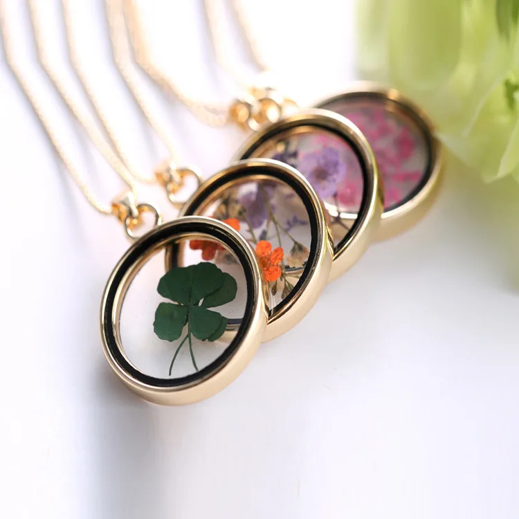 

multicolor necklace dried flower pendant choker round Shaped Glass four leaf clover necklace colorful specimen Lotus Necklace, Picture shows