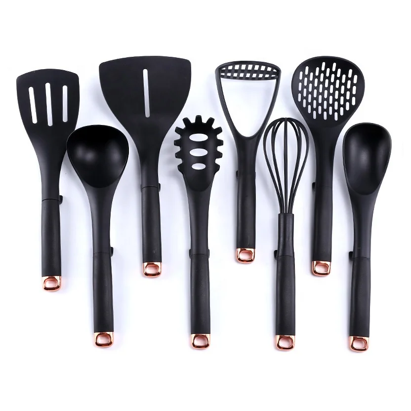 

Best 8 piece plastic nylon kitchen cooking utensil set black non stick with holder for home