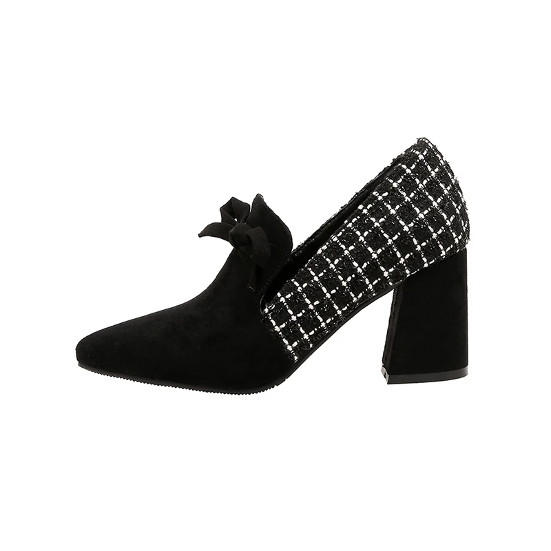 

New High Thick Heels Black Plaid Printed Patchwork Sexy Pumps Shoes