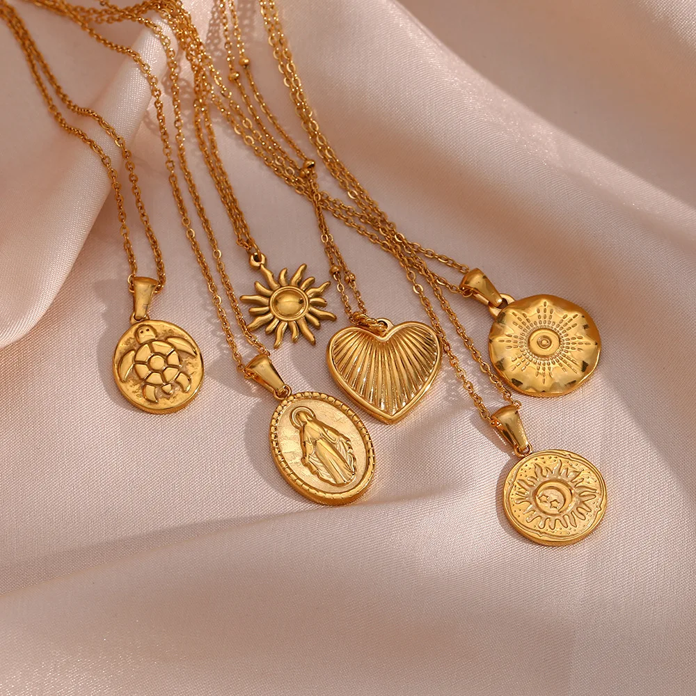 

Non Tarnish Jewelry Stainless Steel 18k Gold Plated God Heart Sun Moon Turtle Coin Pendant Necklace For Women