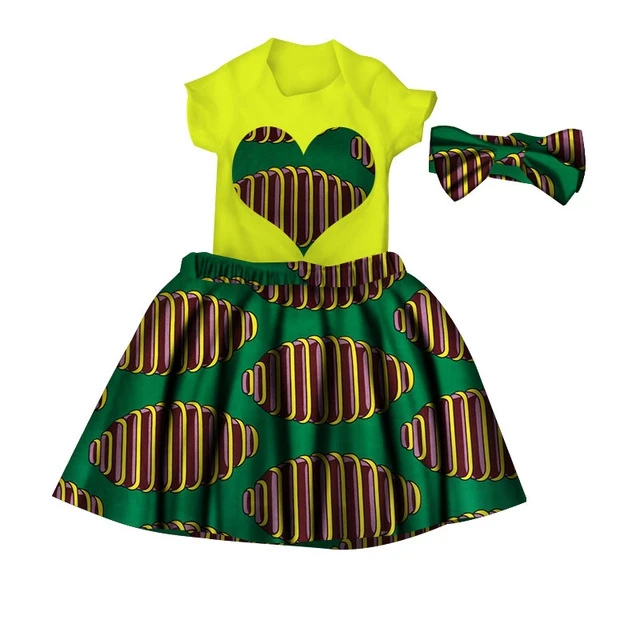 Causal Custom Clothing Heart Pattern Tops and Skirts Sets with Hairband for Girls African Baby Children Kids Clothing WYT143