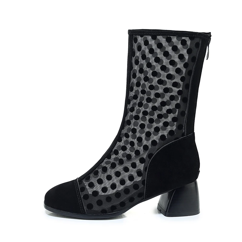 

Woman Hollow Out Thick heel Rome Style Zip Net Shoes Summer Sandal Sexy Mesh Boots, Black+pu/black+cow down