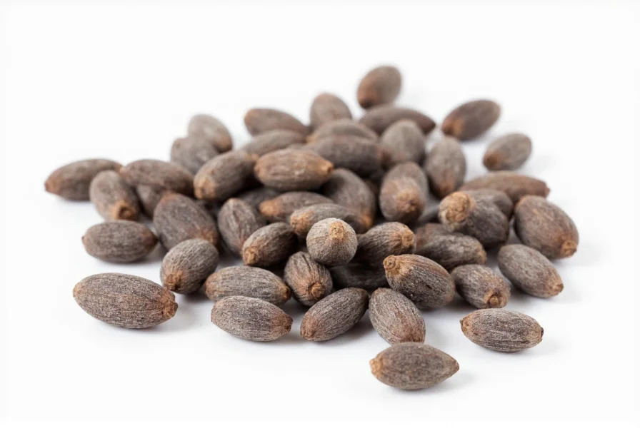 Close-up photograph of anise seeds showing their distinctive oval shape and grayish-brown color against a white background