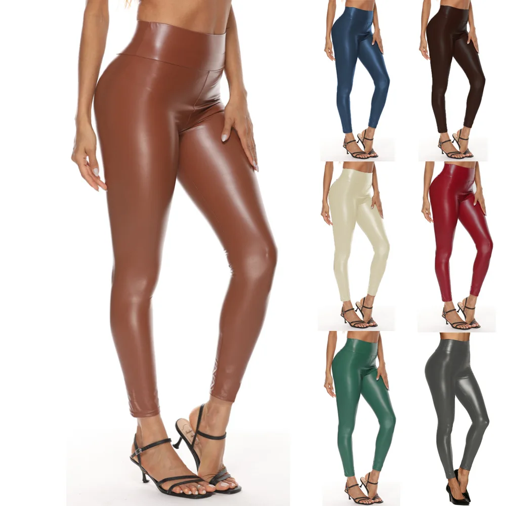 

New Design Trendy Ladies Plus Size Pants Pu Leather Street Wear Leather Stacked Pants Autumn Women Long Pants