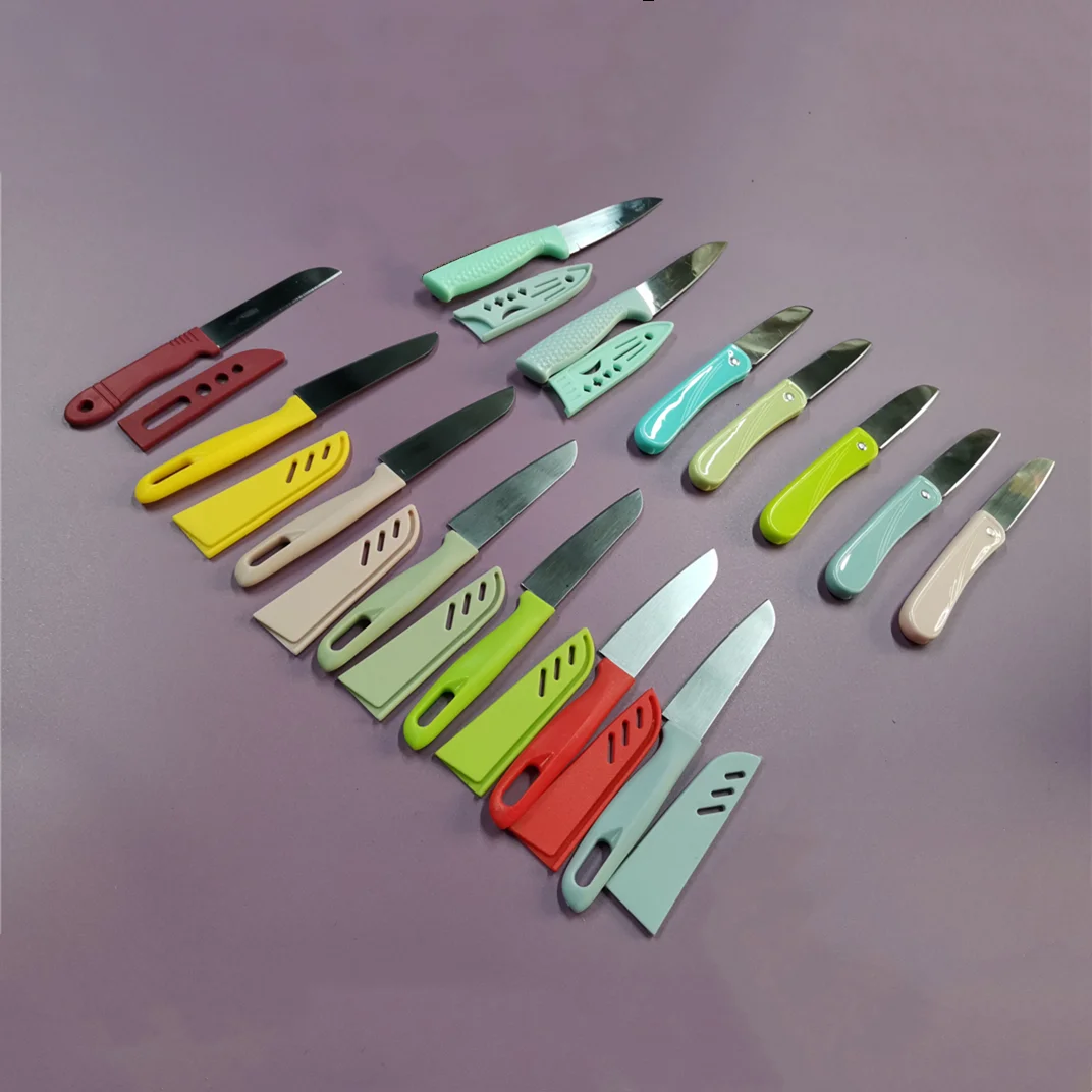 

portable kitchen paring knife 304 potato peeling vegetable kiwi plastic fruit carving knife with safety sheath