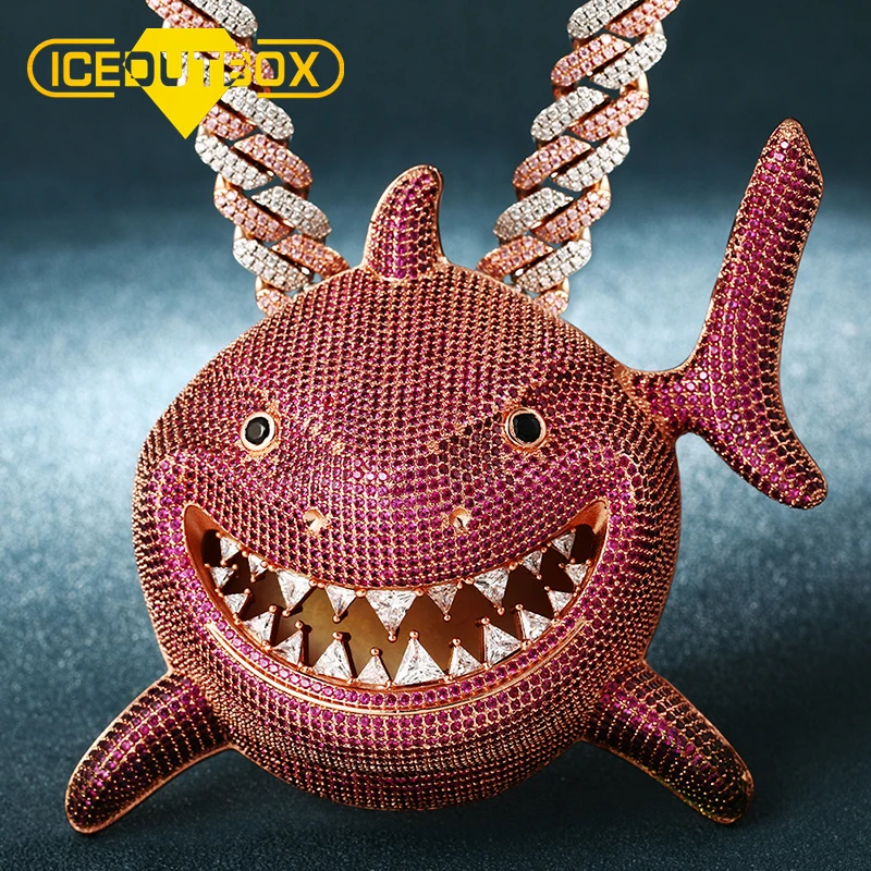 

New Design Iced Out Hip Hop Jewelry Big Size Shark Charm Pendants Necklace, Gold silver