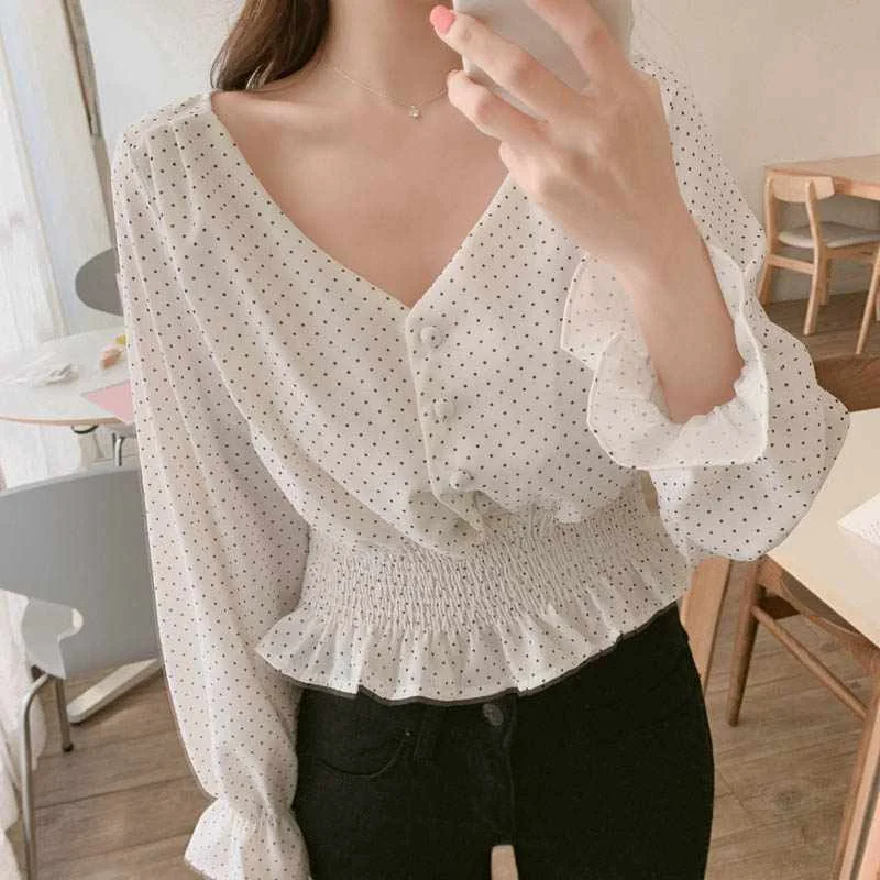 

Korean Fashion Dot Print V Neck Button up Elastic Waist Long Sleeve Blouse Women Shirts Blusas Clothing
