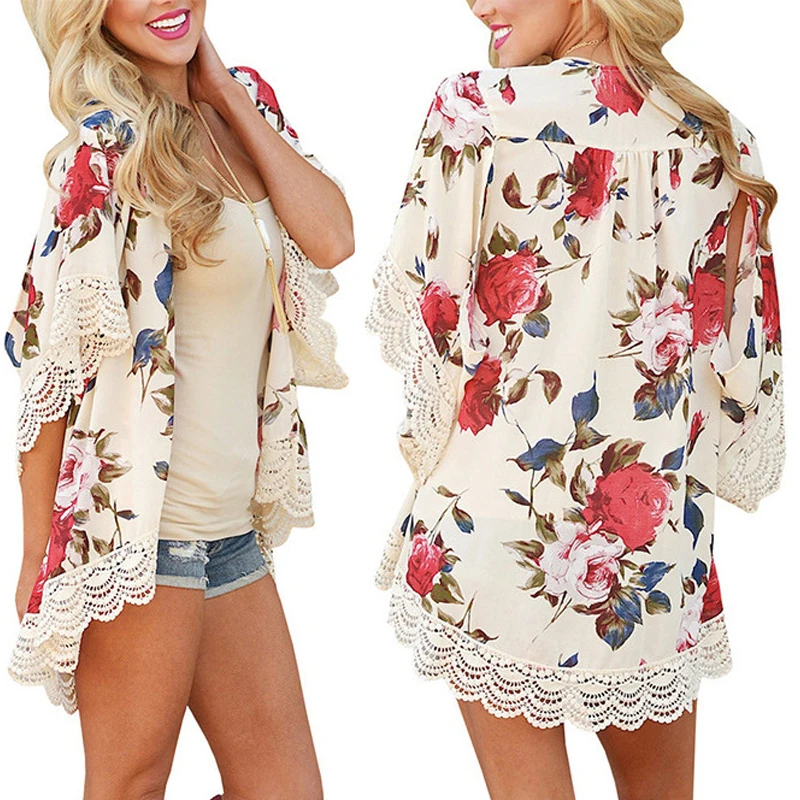 

Women Floral Printed Shawl Kimono Cardigan Tops Chiffon Coat Blouse Beach Kimono Cardigan, 8 colors to choose from