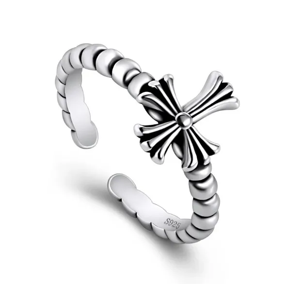 

925 sterling silver women's retro distressed Thai silver cross ring dyed black student ring jewelry wholesale