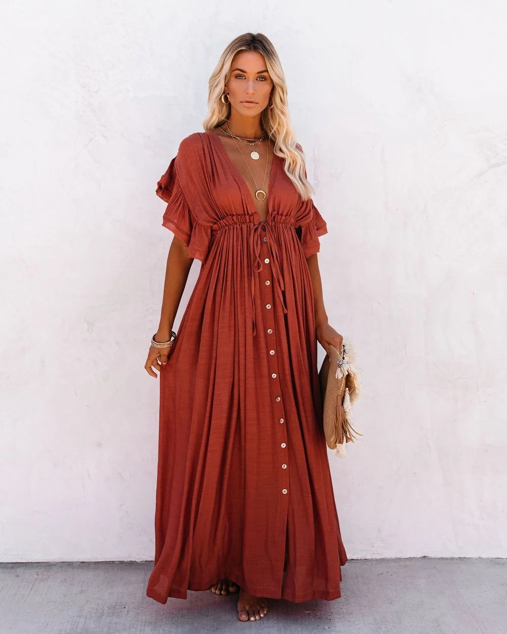 

Fall 2021 Women's Long Open Back Drawstring Button Boho Floral Dress Casual Dress, Customized color