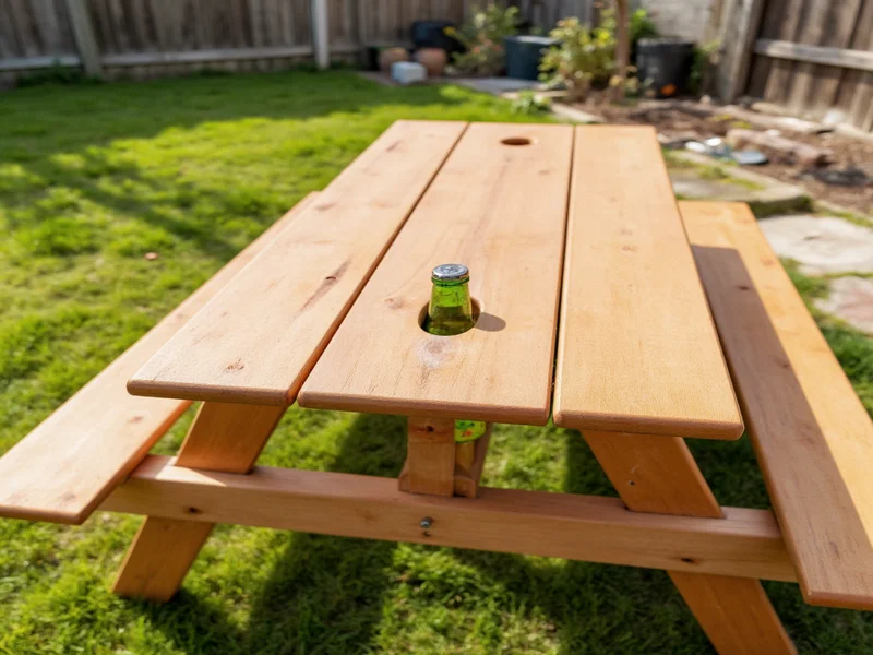 DIY picnic table with recessed umbrella hole and bottle opener detail