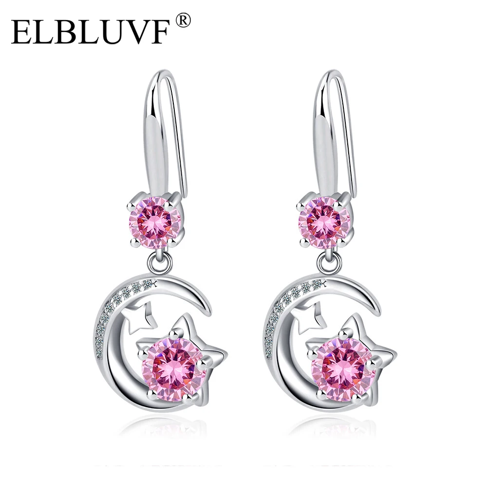 

ELBLUVF Copper Alloy S925 Silver Plated White Pink Blue Zircon Crescent Moon and Star Shape Earrings For Women