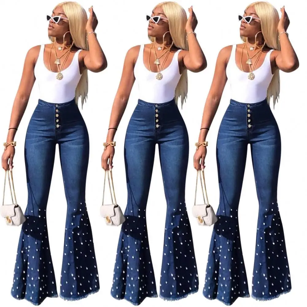 

Women high waist Long wide leg high-elastic fabric with ironing women jeans
