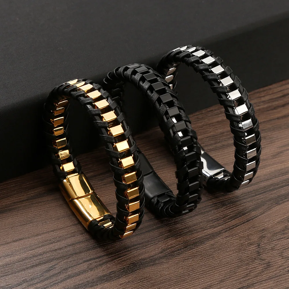 

Pulseira De Couro Weave Leather Magnetic Clasps Hand Chain Bracelet Men Gift Accessories Leather Bracelet