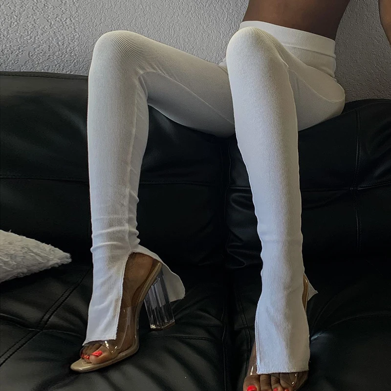 

Nibber G193AS65 2021 fashion women ribbed split high waist leggings solid color elastic high casual sportwear sweatpants trouser
