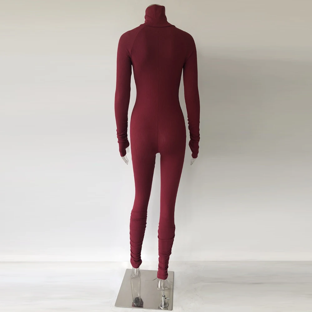 
8358 Hot sales long sleeves women tight zipper casual jumpsuits and rompers cotton Ribbed material classy women jumper 