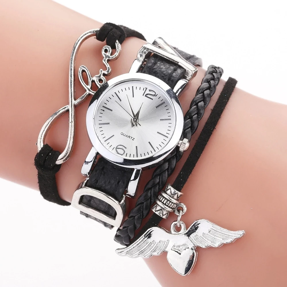 

Women Watches Luxury Silver Heart Pendant Leather Belt Quartz Clock Ladies Wrist Watch Zegarek Damski