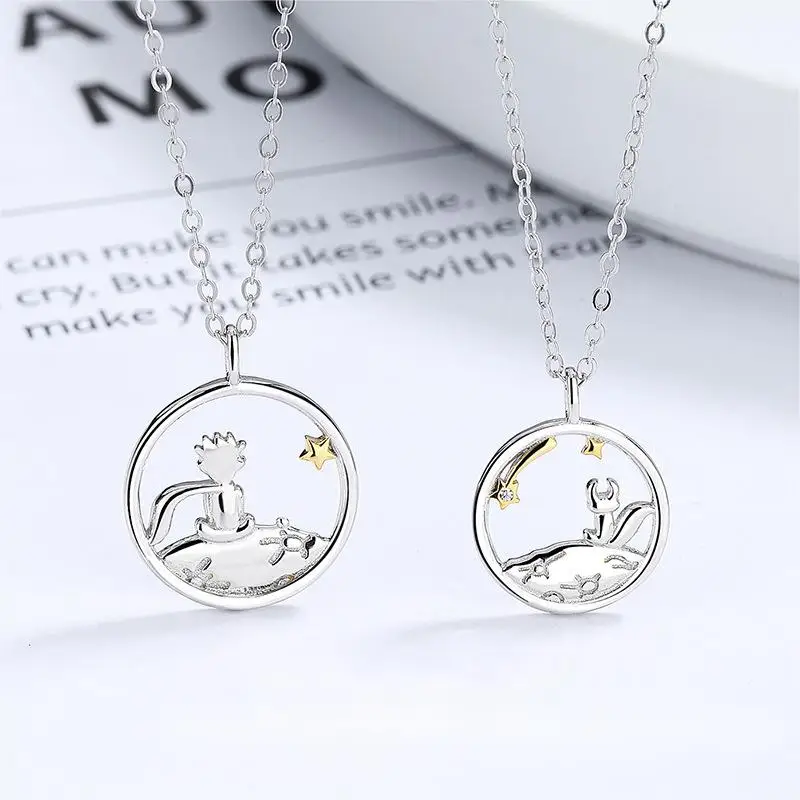 

Carline Wholesale The Little Prince and Fox Couple Pendant Necklace Fine 925 Silver Plated 18k Gold Jewelry For Lovers