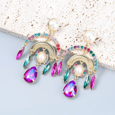 

Trendy Fashion Colorful CZ Zircon Curved Pearl Dangle Earrings Rhinestone Crystal Geometric Drop Earrings For Girls