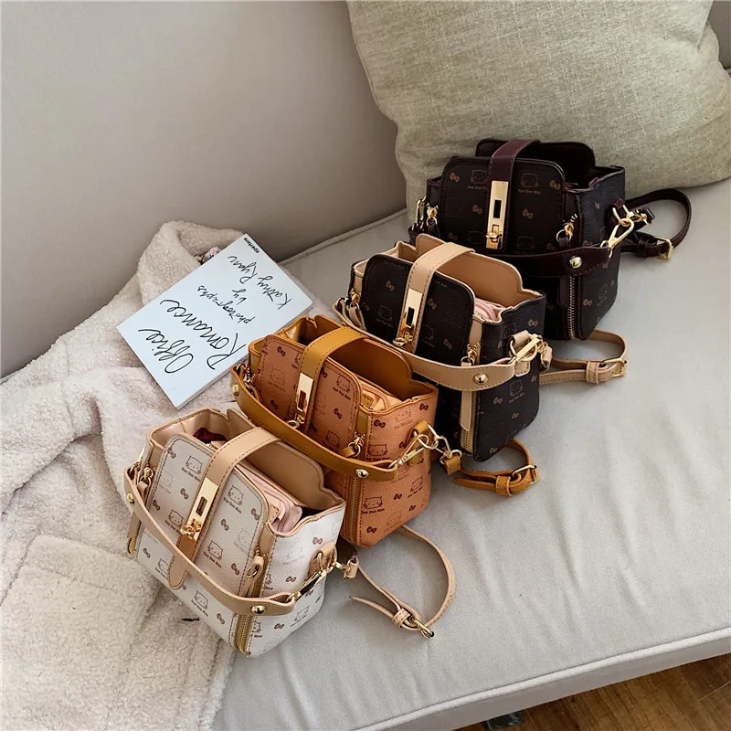 

Retro Texture Cat Print Handbags Luxury Leisure Flap Messenger Sac Korean Designer Lady Shoulder Purses Bucket Chains Bolsa