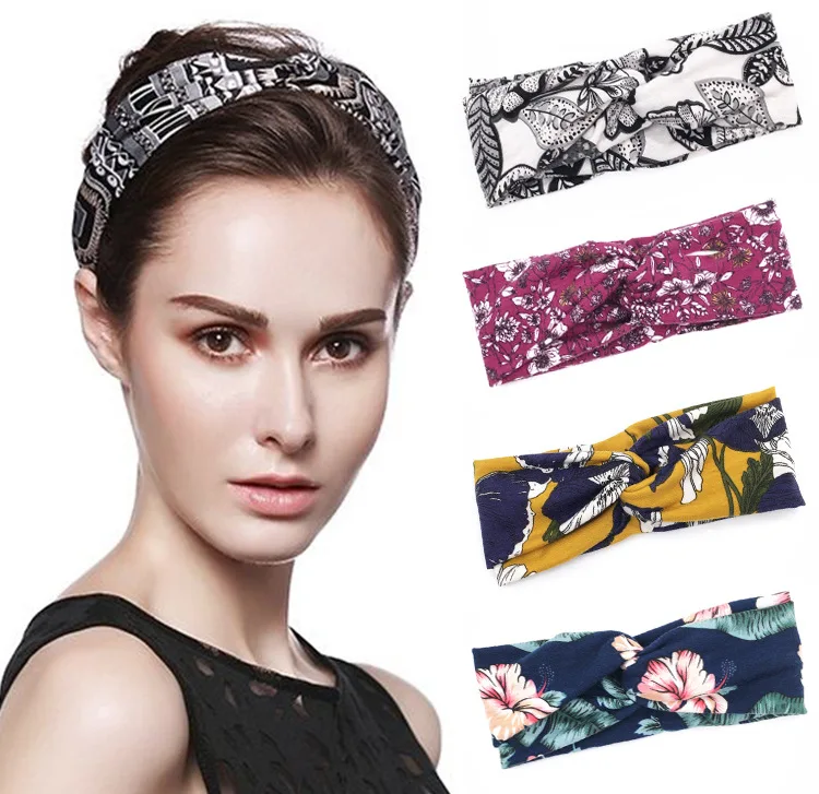 

D1864 Women Girl Custom Headband Flower Print Sports Hair Band Yoga Elastic knotted Hairband