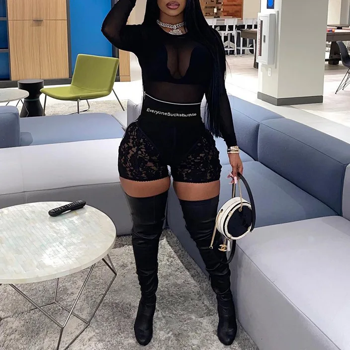 

Nightclub Sexy Lady Lace High Waisted Zipper Shorts Black See Through Patchwork Short Pants