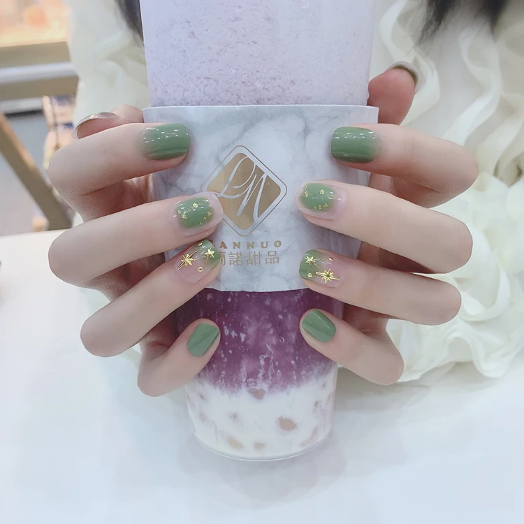 

2021 Trending Summer Picnic Green Women's Press On Nails Removable Fake Nails, As pic
