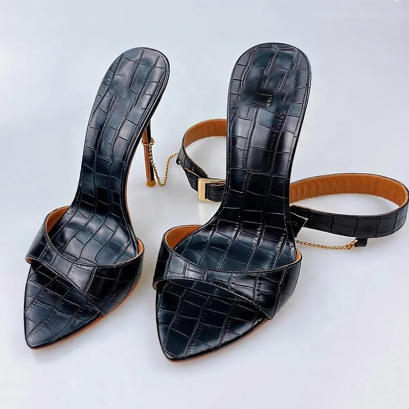 

Sexy Stone Print Stiletto Heel Sandals Shoes 2021 Summer Autumn Ankle Chain Buckle Strap Party Shoes Pumps, Black
