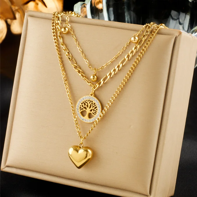 

Stainless Steel Gold round sign Heart tree of life Pendant Necklace For Women Fashion Multi-layer Chain Waterproof Girl Jewelry