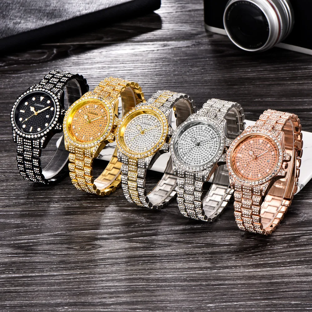 

Luxury Mens Multi Color Stainless Steel Crystal Rhinestone Band Diamond Watch Round Circle Dial Full Crystal Analog Wrist watch, Silver/gold/rose god/ black/silver gold
