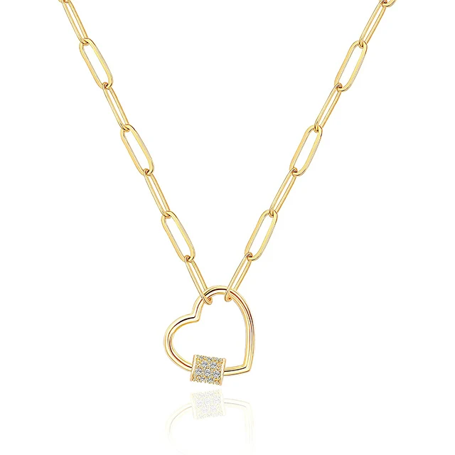 

Wholesale Custom 18K Gold Heart Pendant Necklace Medallion Paperclip Chain Choker Layering Jewelry for Women Girls