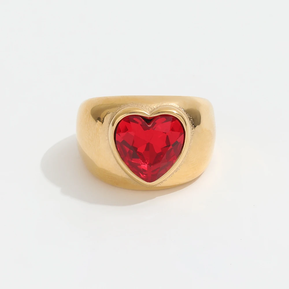 Antique Retro Gold Ruby Garnet Big Chunky Heart Rings for Women Stainless Steel Jewelry Fashion Gold Jewelry