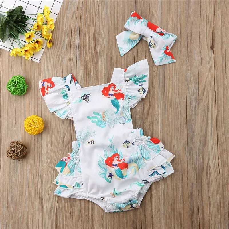 

wholesale baby girls Summer outfit mermaid print Infant Girls backless Romper bodysuit, As image shown