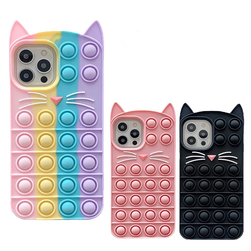 

Hemusiga silicone shockproof back cover rainbow cat case new product new push pop bubble fidget sensory toy for iphone 12 case