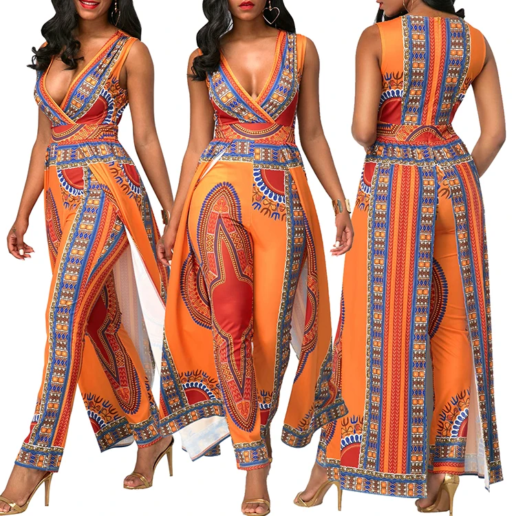 

New European and African women's sleeveless floral orange folk jumpsuit