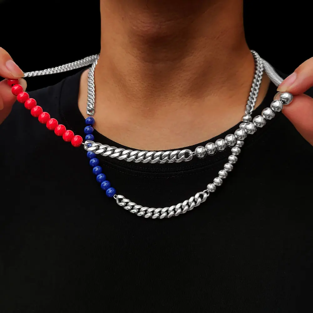 

Nuoya Hip Hop Jewelry 7mm Stainless Steel Necklace Cuban Link Chain Colorful Beads Necklace For Women, Silver