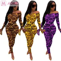 

S7015 fashion casual off the shoulder full sleeve leopard printed Woman Clothing Pants 2 Piece Set