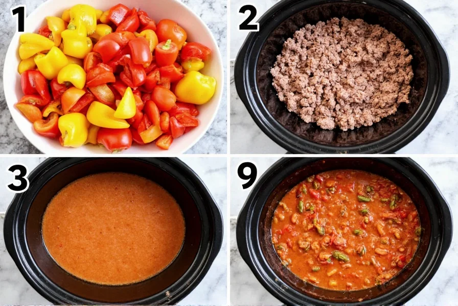 Step-by-step crock pot stuffed pepper soup preparation showing diced bell peppers, browned ground beef, and slow cooker assembly